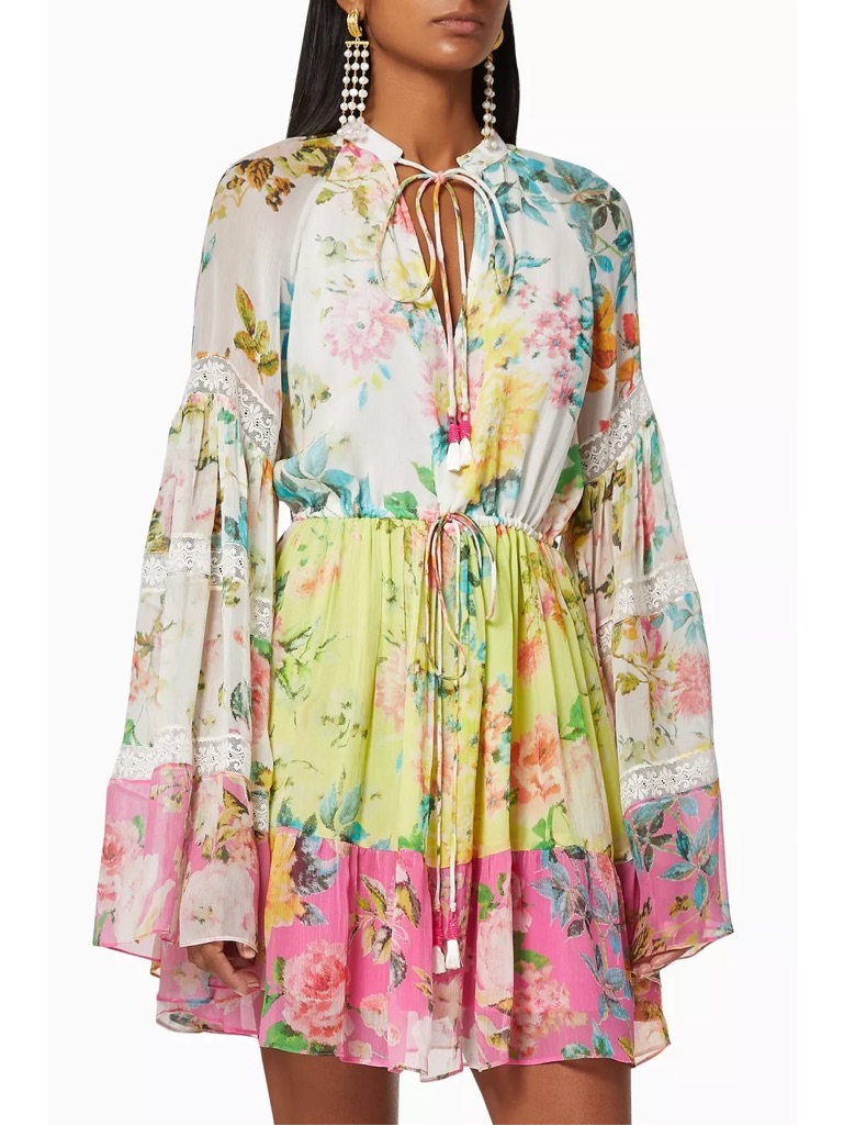 Hemant & Nandita Jolie Floral Tunic Mini Dress Lace Trim Bell Sleeve - Xs